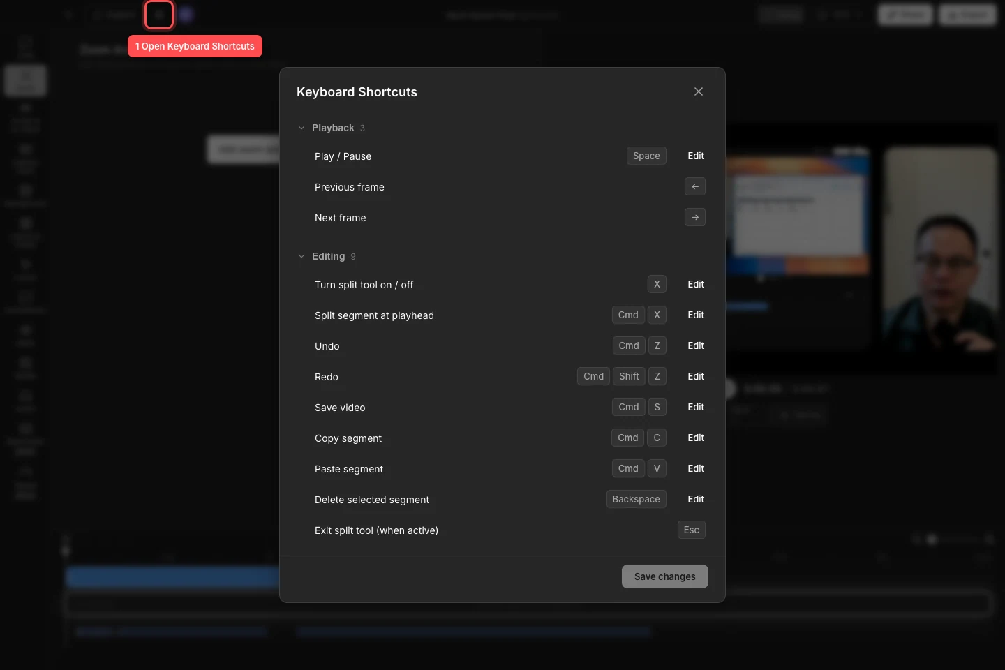 Tight Studio editor with a real camera-and-spreadsheet project behind the open Keyboard Shortcuts window and the Command icon outlined in red.