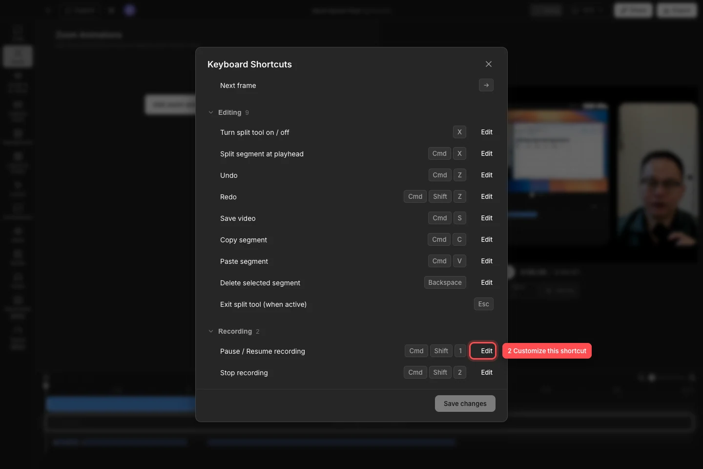 Keyboard Shortcuts window scrolled to the Recording section with the Edit control for Pause and Resume recording outlined in red.