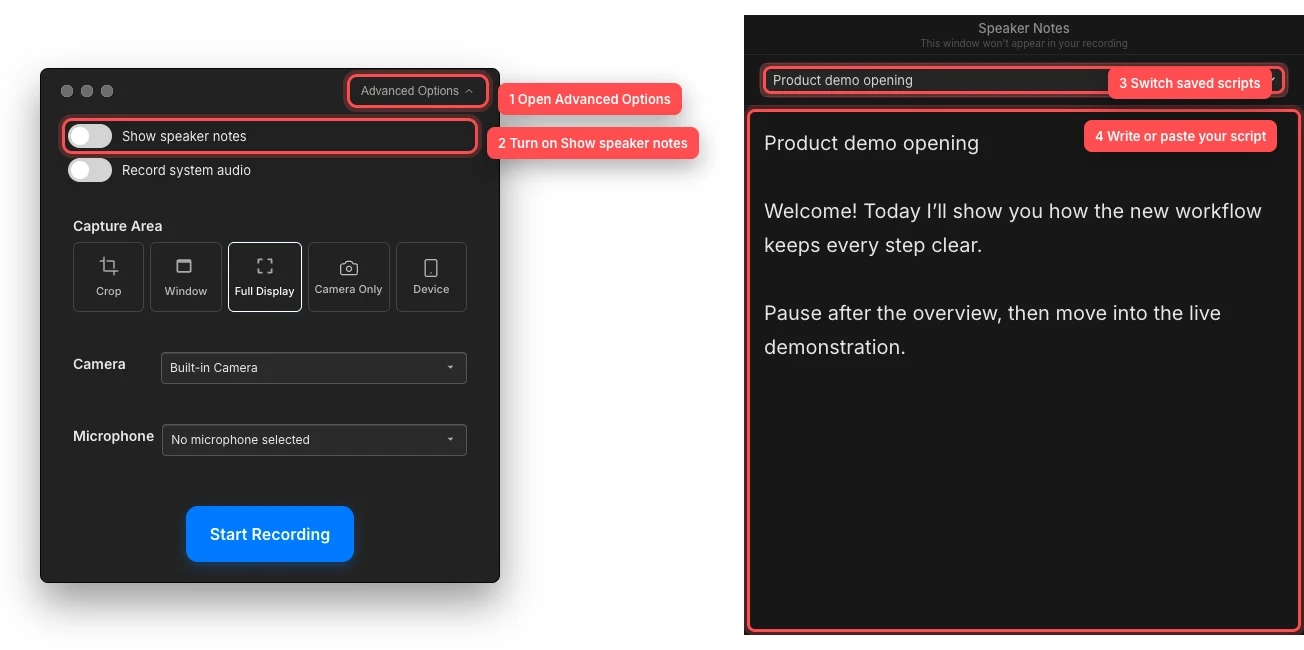 The recorder with Show speaker notes highlighted beside a populated Speaker Notes window with its saved-script selector and editor marked.