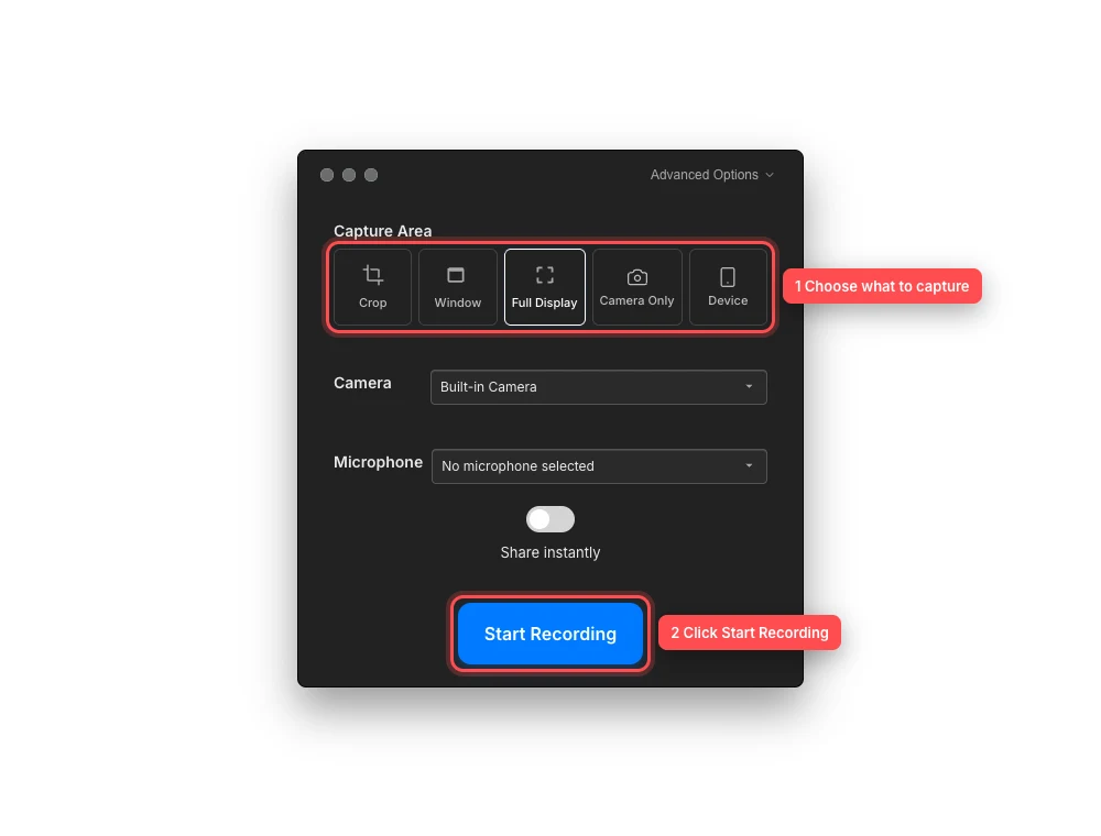 Tight Studio recording controls with the five capture-mode choices and the Start Recording button outlined and numbered in red.