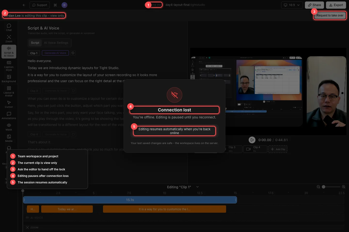 A real Team Workspace project with Jordan Lee’s view-only lock, Request to take over, and the Connection lost recovery message numbered.