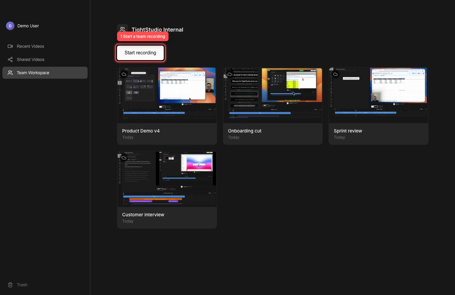 Tight Studio Home with Team Workspace selected, four polished real-project thumbnails in the cloud grid, and Start recording highlighted.