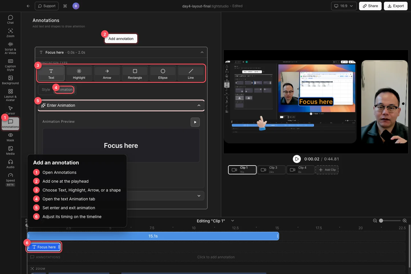 A polished real Tight Studio project with Annotations, Add annotation, all six annotation types, text animation controls, and the annotation timeline segment highlighted.