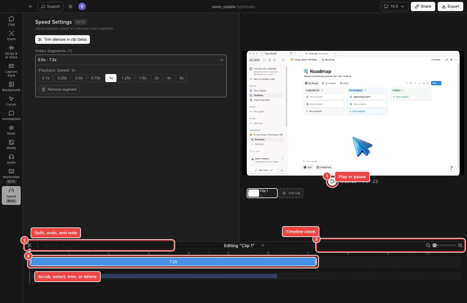 A real Tight Studio project with numbered red outlines around Play, the Split Tool and history controls, timeline zoom, and a selected blue video segment.