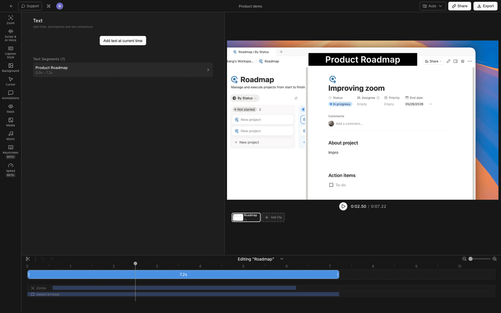 Tight Studio AI video editor with text overlays and auto-zoom
