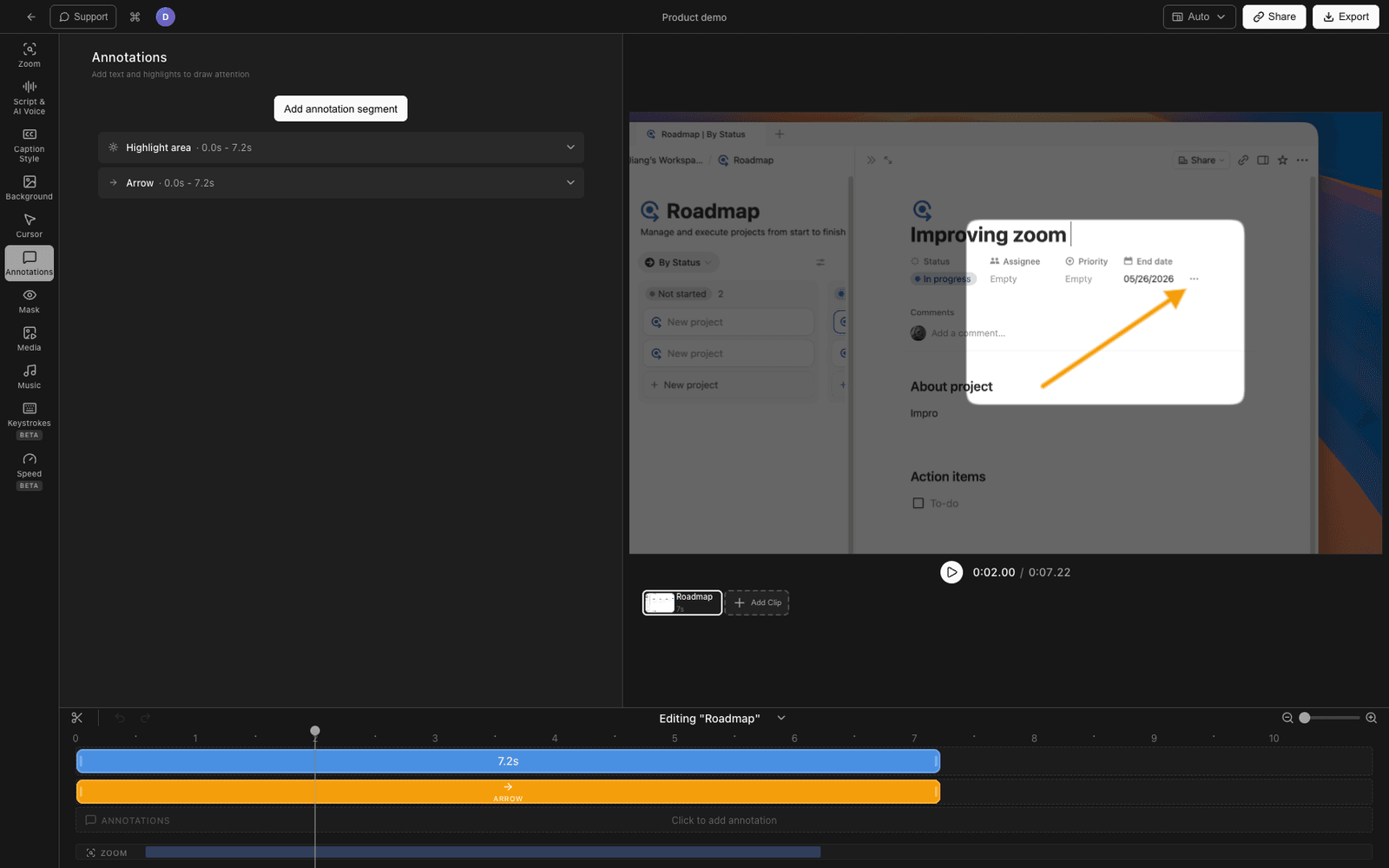 Tight Studio editor trimming and annotating a screen recording