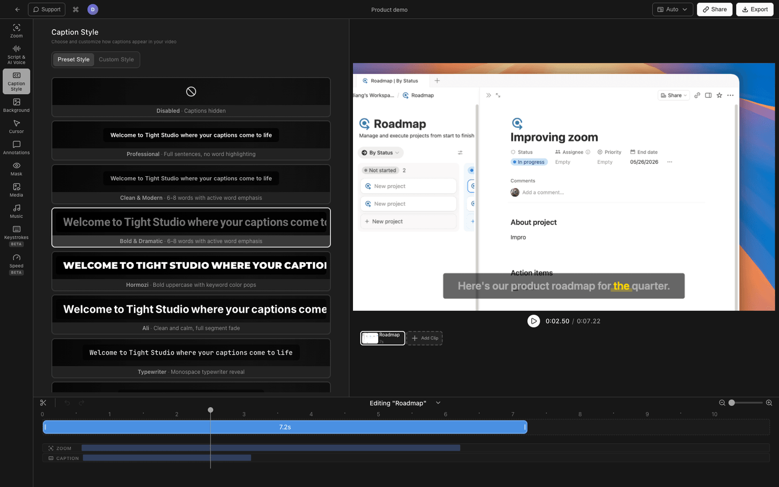 Tight Studio editor with smart zoom and cursor animation