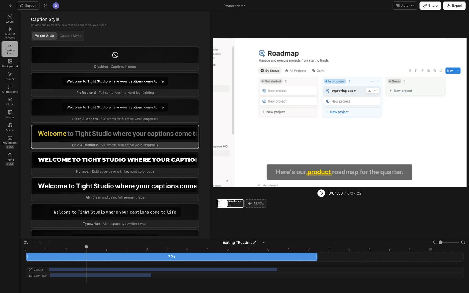 Tight Studio, a Cap alternative, adding captions to a screen recording