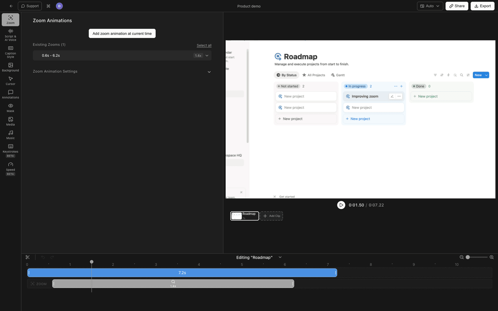 Tight Studio editor recording a Google Slides presentation with auto-zoom
